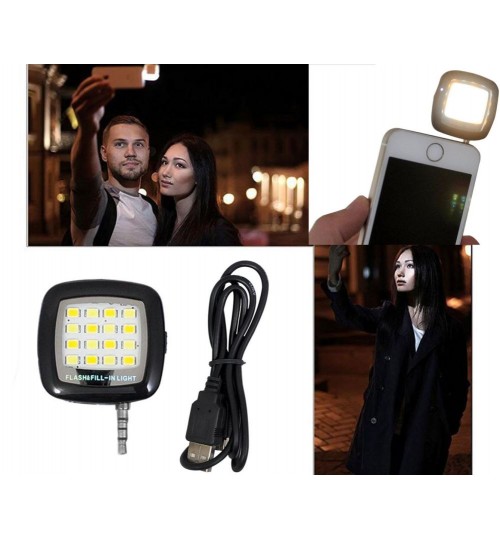 Mini 16LED Selfie Camera Fill in Flashlight Rechargeable Battery for Smartphones