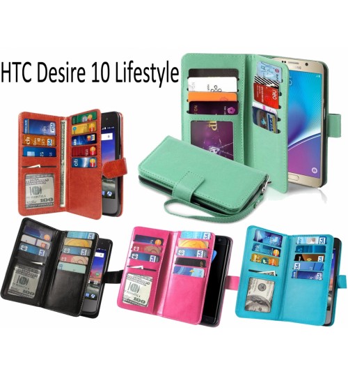 Htc Desire 10 Lifestyle Double Wallet Leather Case 9 Card Slots - Brown
