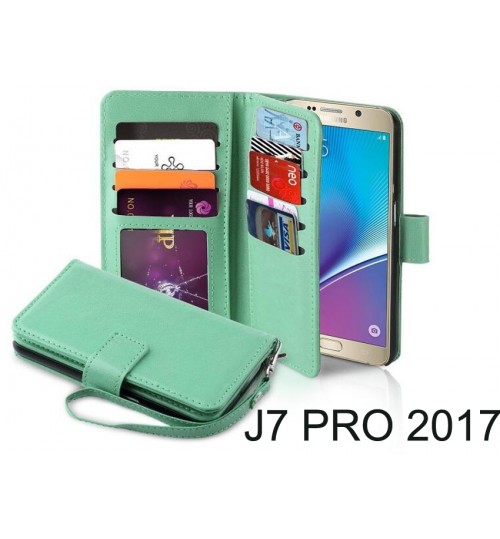 J7 Pro 2017 Case Double Wallet Leather Case 9 Card Slots - Hot Pink