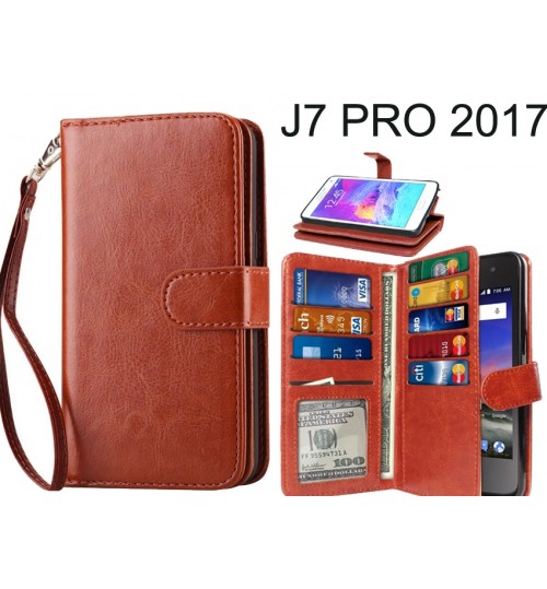 J7 Pro 2017 Case Double Wallet Leather Case 9 Card Slots - Brown