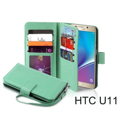 Htc U11 Case Double Wallet Leather Case 9 Card Slots - Hot Pink