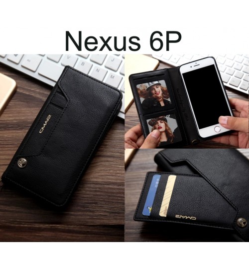 Nexus 6p Case Slim Leather Wallet Case 6 Cards 2 Id Magnet - Black