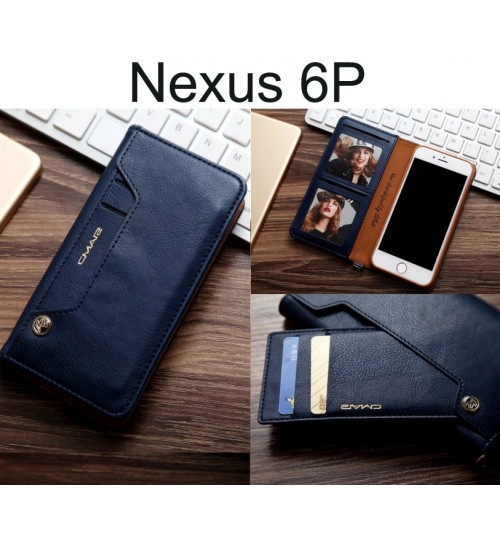 Nexus 6p Case Slim Leather Wallet Case 6 Cards 2 Id Magnet - Blue