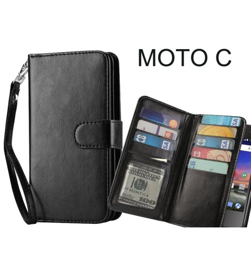 Moto C Case Double Wallet Leather Case 9 Card Slots - Black