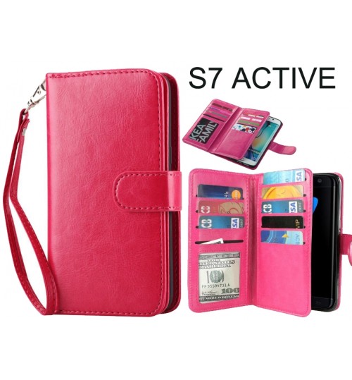 Galaxy S7 Active Case Double Wallet Leather Case 9 Card Slots - Hot Pink