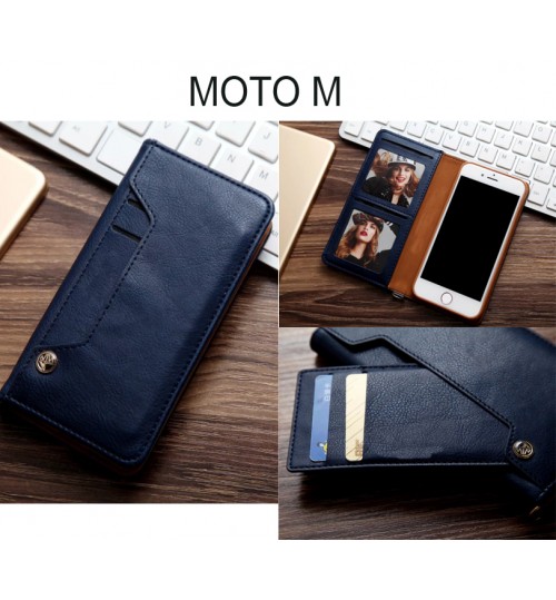 Moto M Case Slim Leather Wallet Case 6 Cards 2 Id Magnet - Blue