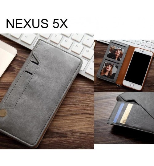 Nexus 5x Slim Leather Wallet Case 6 Cards 2 Id Magnet - Grey