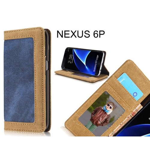 Nexus 6p Case Contrast Denim Folio Wallet Case Magnetic Closure - Blue