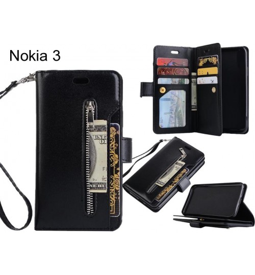 Nokia 3 Case 10 Cards Slots Wallet Leather Case With Zip - Black