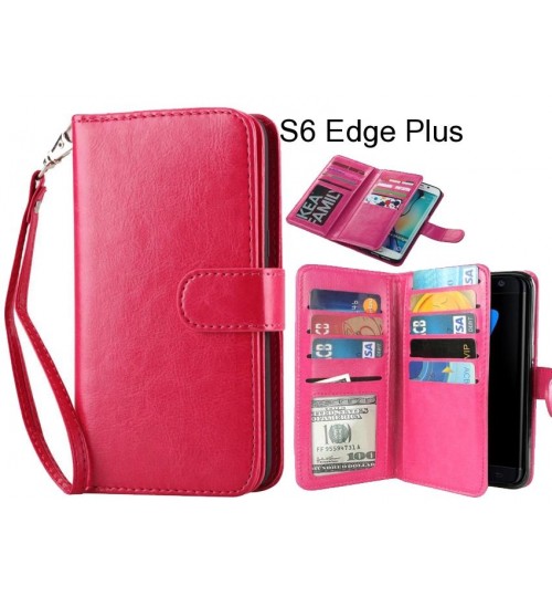 S6 Edge Plus Case Double Wallet Leather Case 9 Card Slots - Hot Pink