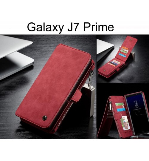 Galaxy J7 Prime Case Retro Flannelette Leather Case Multi Cards Zipper - Red
