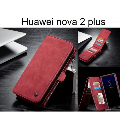 Huawei Nova 2 Plus Case Retro Flannelette Leather Case Multi Cards Zipper - Red