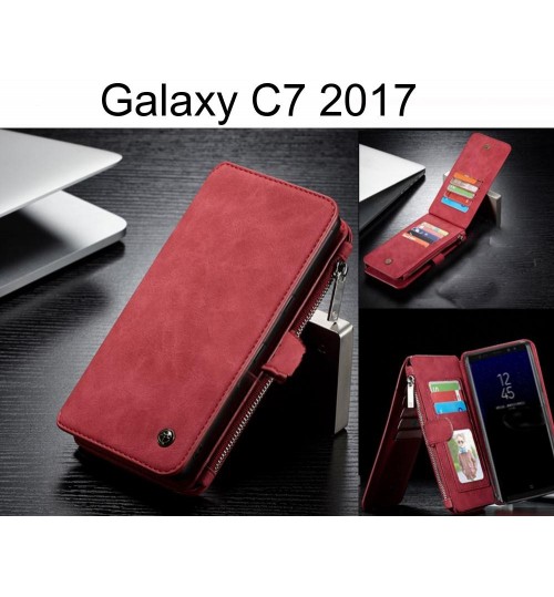 Galaxy C7 2017 Case Retro Flannelette Leather Case Multi Cards Zipper - Red