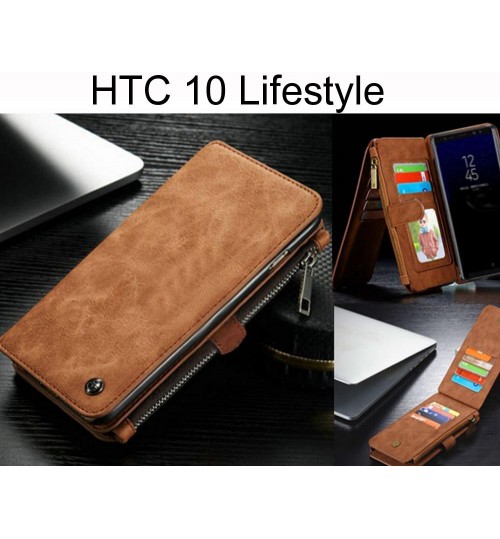 Htc 10 Lifestyle Case Retro Flannelette Leather Case Multi Cards Zipper - Brown