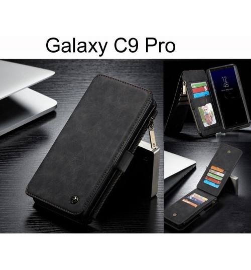 Galaxy C9 Pro Case Retro Flannelette Leather Case Multi Cards Zipper - Black
