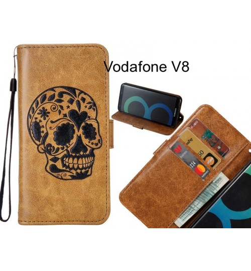 Vodafone V8 case skull vintage leather wallet case