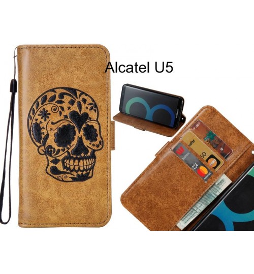 Alcatel U5 case skull vintage leather wallet case