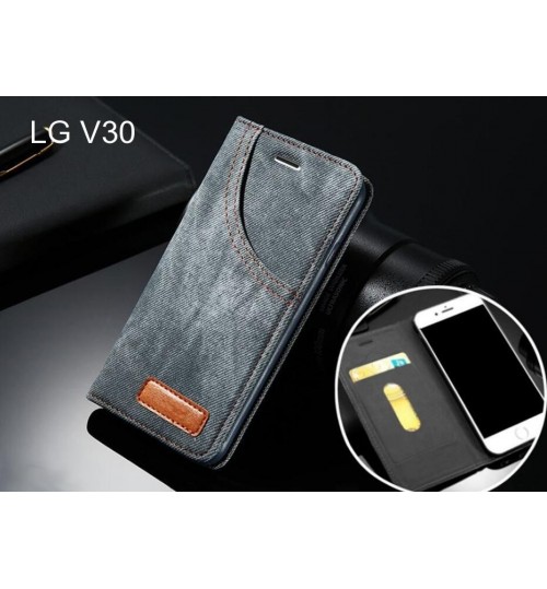 LG V30 case leather wallet case retro denim slim concealed magnet