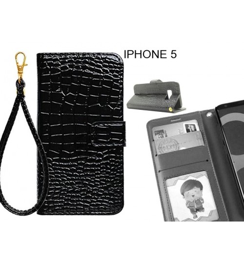 Iphone 5 Case Croco Wallet Leather Case - Black