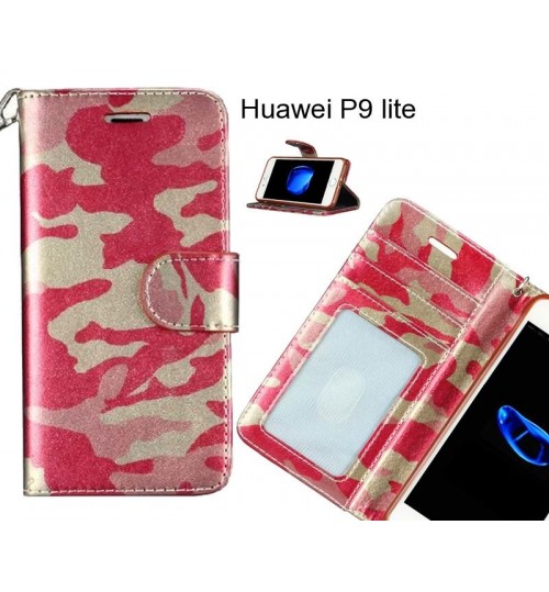Huawei P9 Lite Case Camouflage Leather Wallet Case Cover - Red