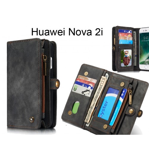 Huawei Nova 2i  Case Retro Leather Case Multi Cards Cash Pocket &amp; Zip - Black