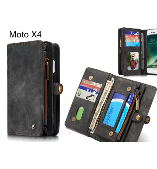 Moto X4 Case Retro Leather Case Multi Cards Cash Pocket & Zip - Black