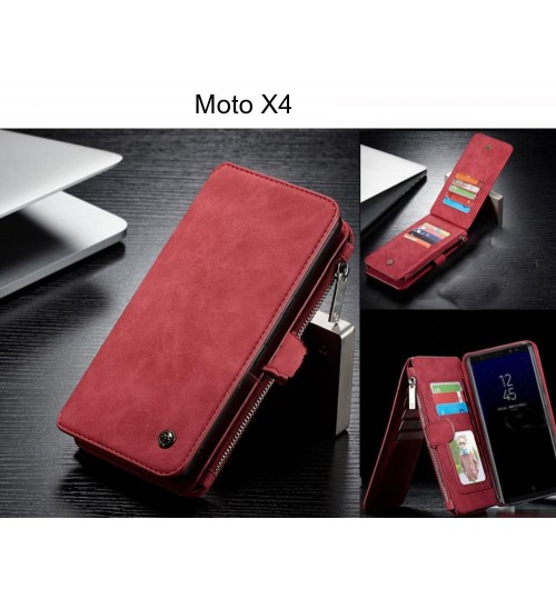 Moto X4 Case Retro Flannelette Leather Case Multi Cards Zipper - Red