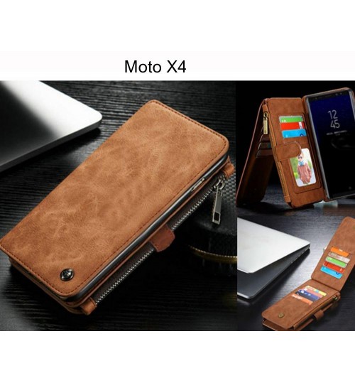 Moto X4 Case Retro Flannelette Leather Case Multi Cards Zipper - Brown