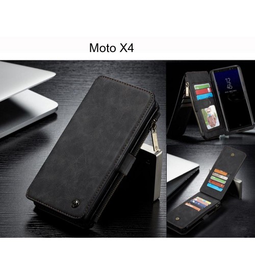 Moto X4 Case Retro Flannelette Leather Case Multi Cards Zipper - Black