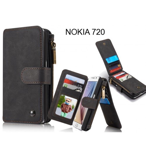 Nokia 720 Case Retro Flannelette Leather Case Multi Cards Zipper - Black