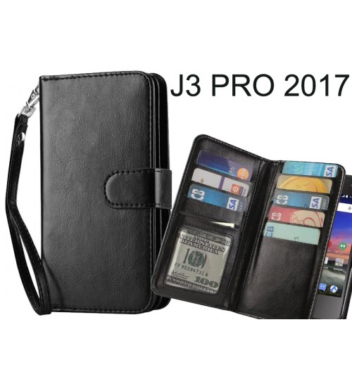 J3 Pro 2017 Case Double Wallet Leather Case 9 Card Slots - Black