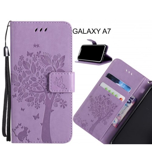 GALAXY A7 case leather wallet case embossed cat & tree pattern