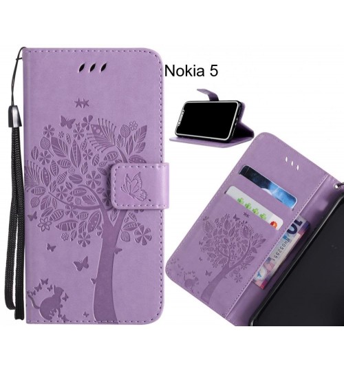 Nokia 5 case leather wallet case embossed cat & tree pattern