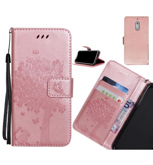 Nokia 6 case leather wallet case embossed cat & tree pattern