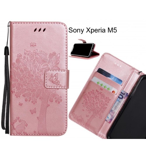 Sony Xperia M5 case leather wallet case embossed cat & tree pattern