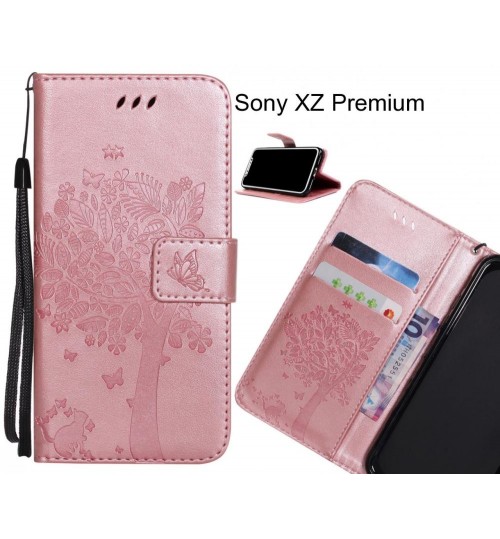 Sony XZ Premium case leather wallet case embossed cat & tree pattern