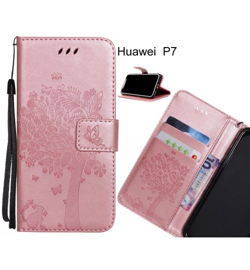 Huawei  P7 case leather wallet case embossed cat & tree pattern