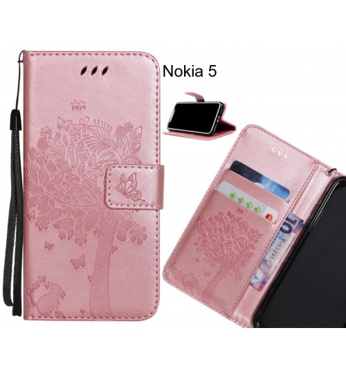 Nokia 5 case leather wallet case embossed cat & tree pattern