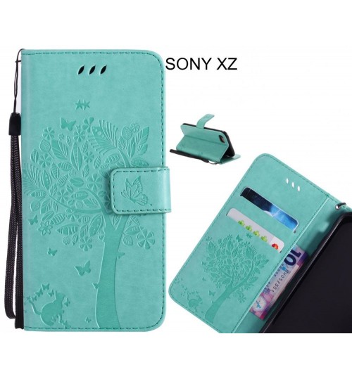 SONY XZ case leather wallet case embossed cat & tree pattern