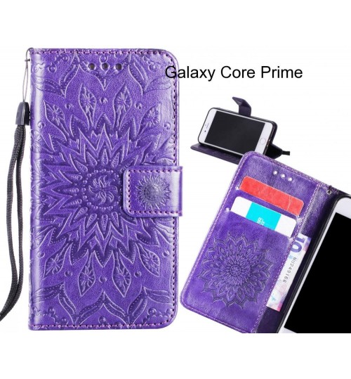 Galaxy Core Prime Case Leather Wallet case embossed sunflower pattern