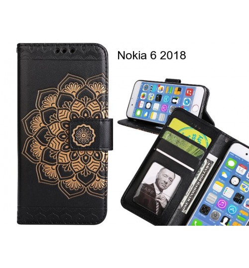 Nokia 6 2018 Case mandala embossed leather wallet case 3 cards lanyard