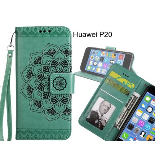 Huawei P20 Case mandala embossed leather wallet case 3 cards lanyard