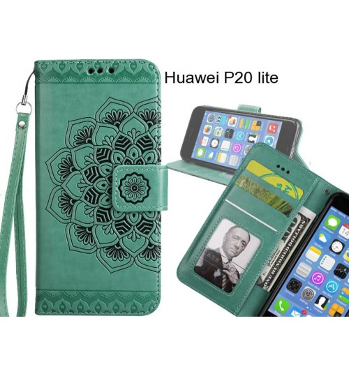 Huawei P20 lite Case mandala embossed leather wallet case 3 cards lanyard case