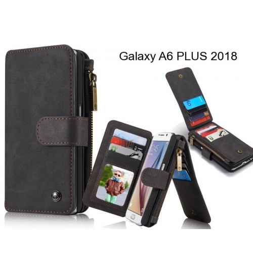 Galaxy A6 Plus 2018 Case Retro Flannelette Leather Case Multi Cards Zipper - Black