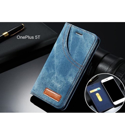 OnePlus 5T case leather wallet case retro denim slim concealed magnet