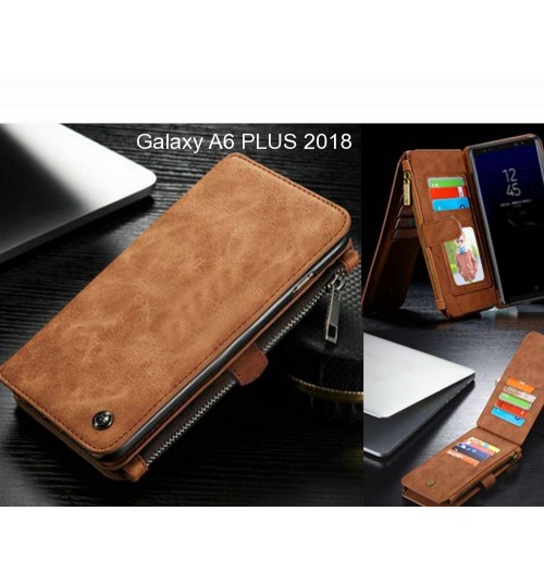 Galaxy A6 Plus 2018 Case Retro Flannelette Leather Case Multi Cards Zipper - Brown