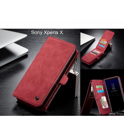 Sony Xperia X Case Retro Flannelette Leather Case Multi Cards Zipper - Red
