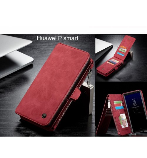 Huawei P Smart Case Retro Flannelette Leather Case Multi Cards Zipper - Red