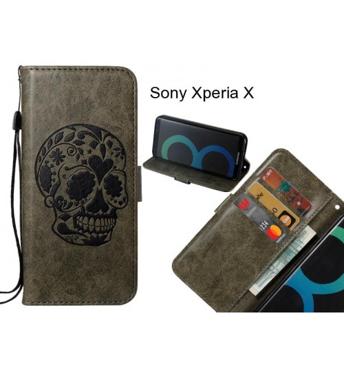Sony Xperia X case skull fine vintage leather wallet case cover
