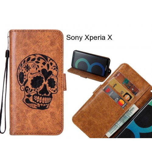 Sony Xperia X case skull fine vintage leather wallet case cover